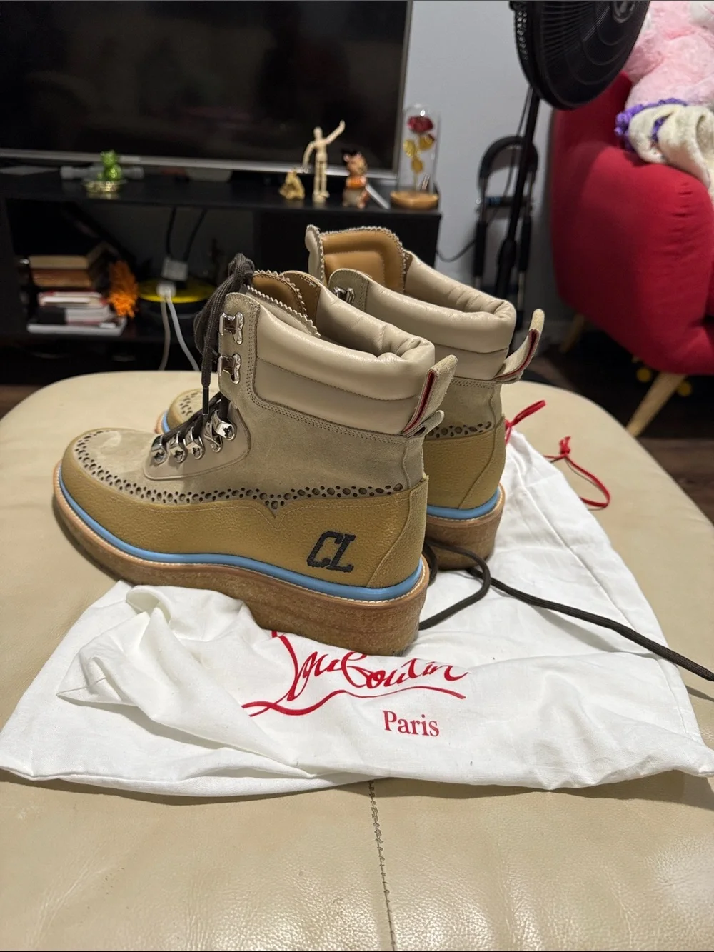 Christian Louboutin Beige and Light Blue Trim Lace-Up Platform Boots